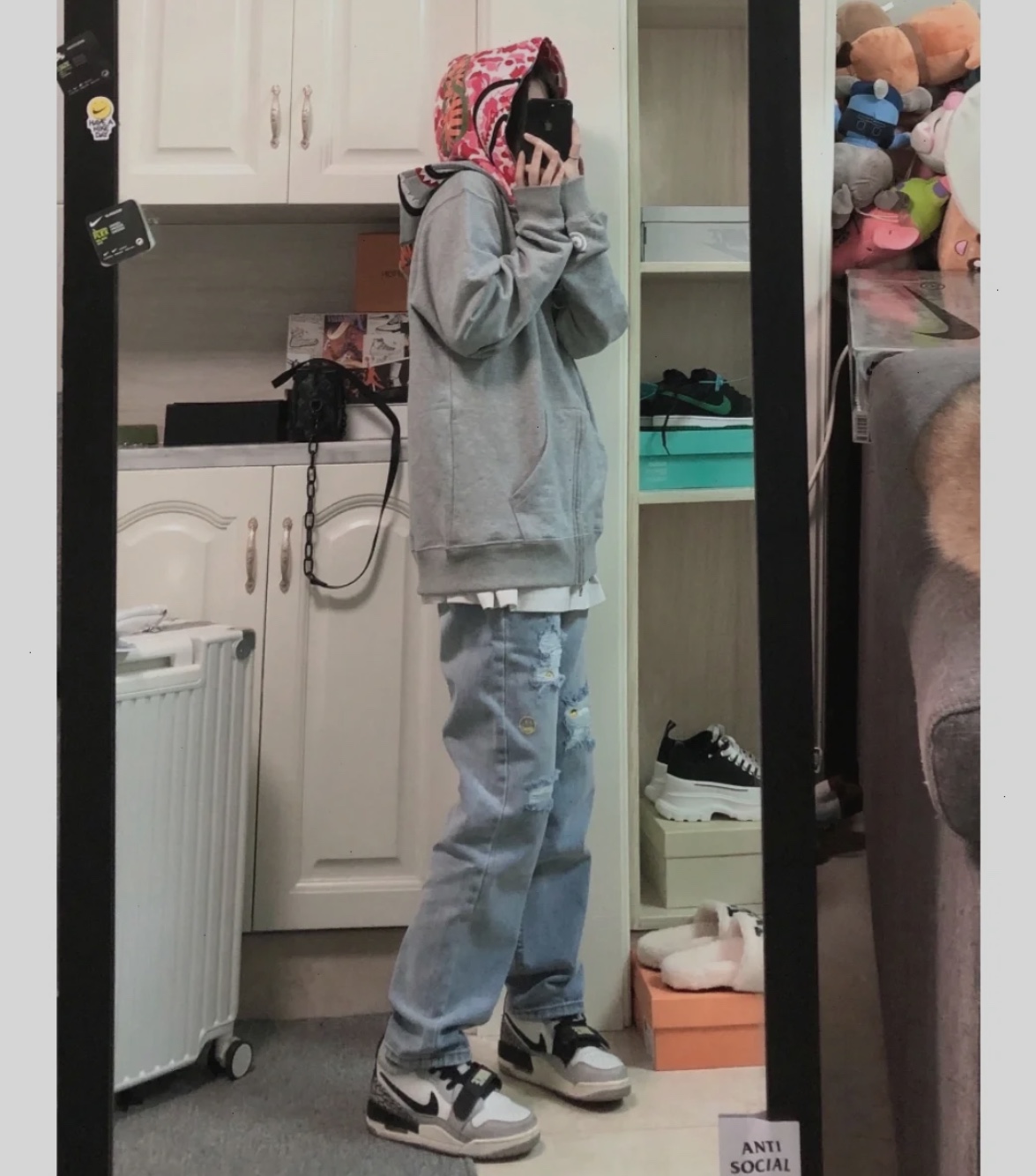 BAPE co-branded tiger head shark gray and pink double hoodie