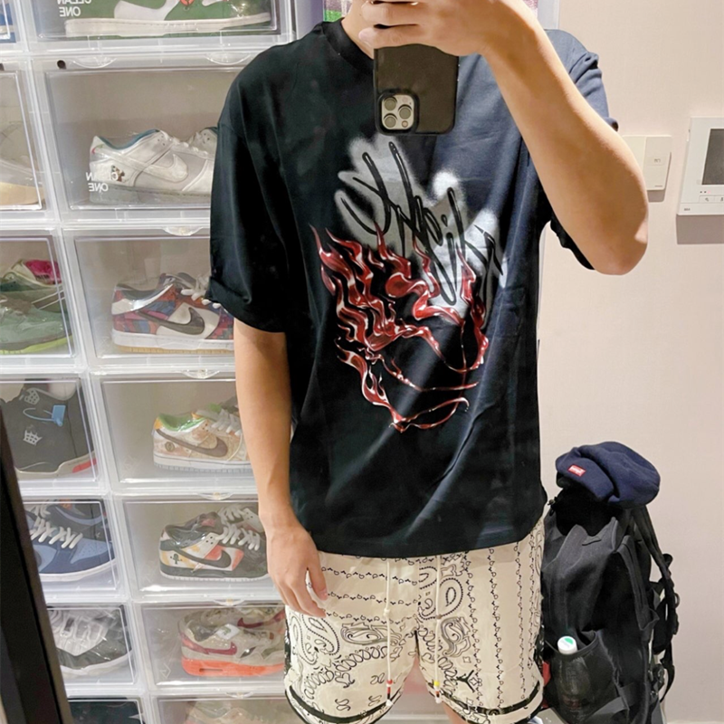 Travis Scott Flame printing water drill round collar and short sleeves
