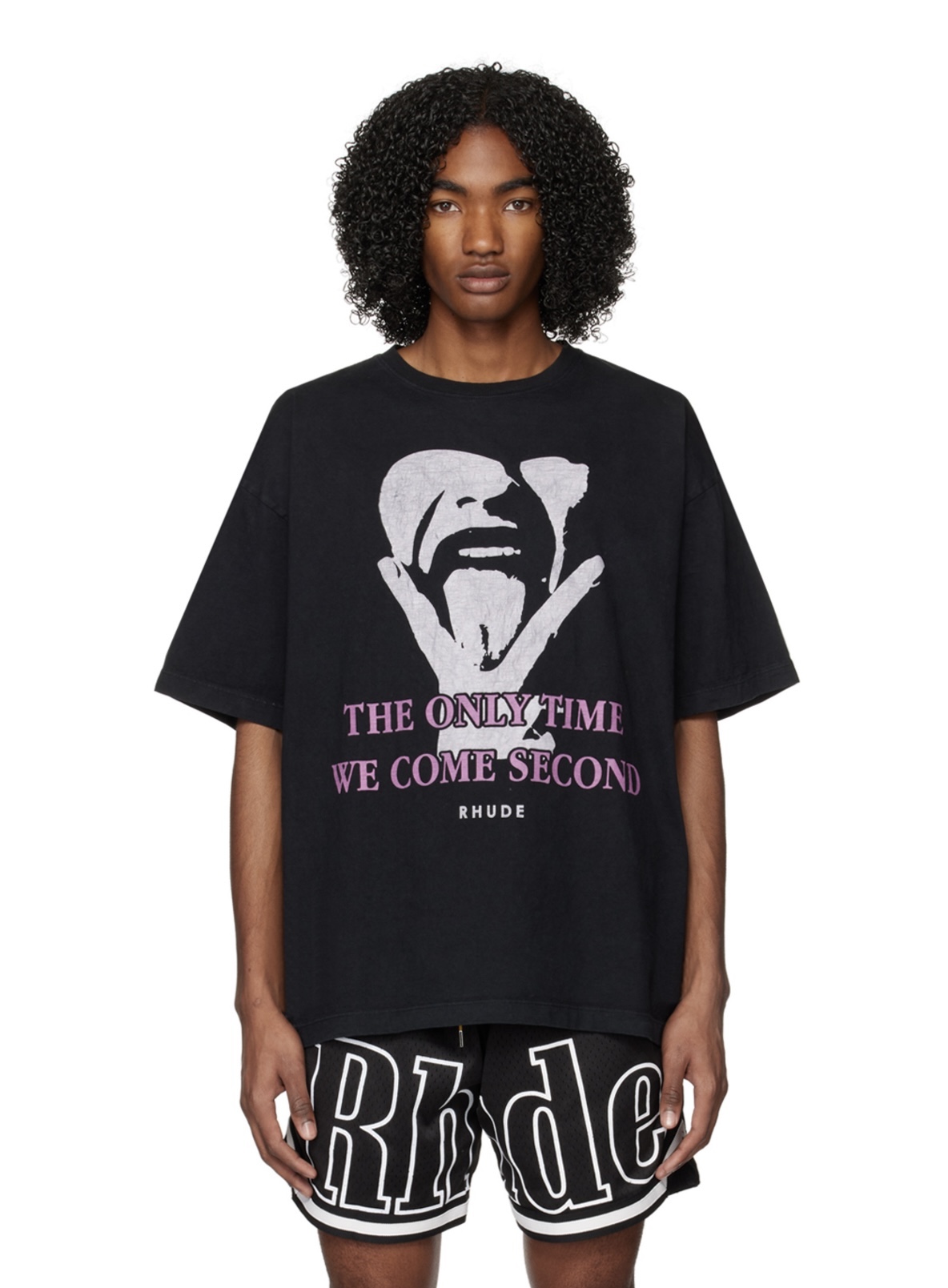 RHUDE Retro Slogan Portrait Print Short Sleeve T-Shirt Black