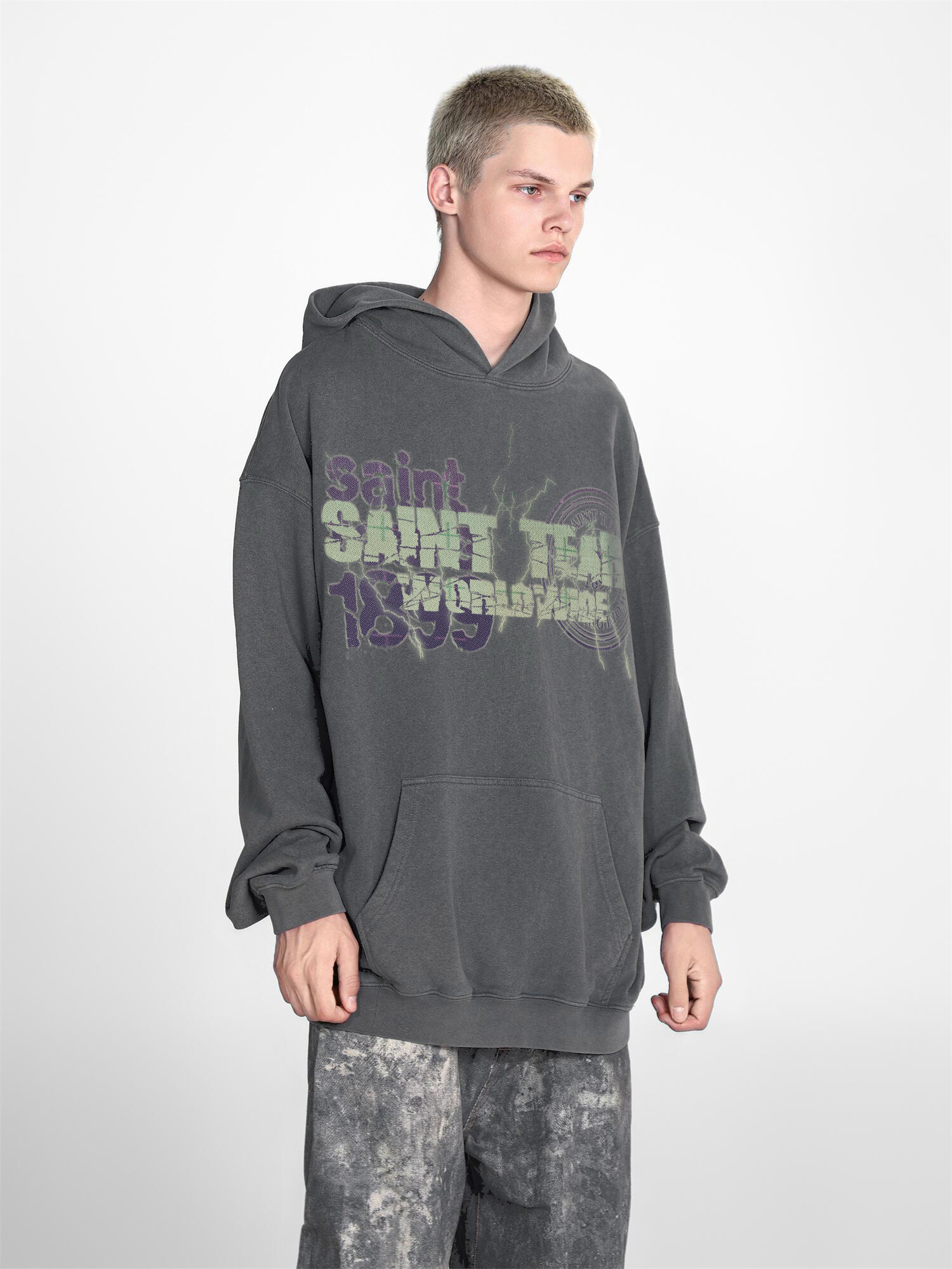 Saint Mich@el tears washed distressed salt-treated 400g heavy-weight vintage terry cloth hoodie in gray