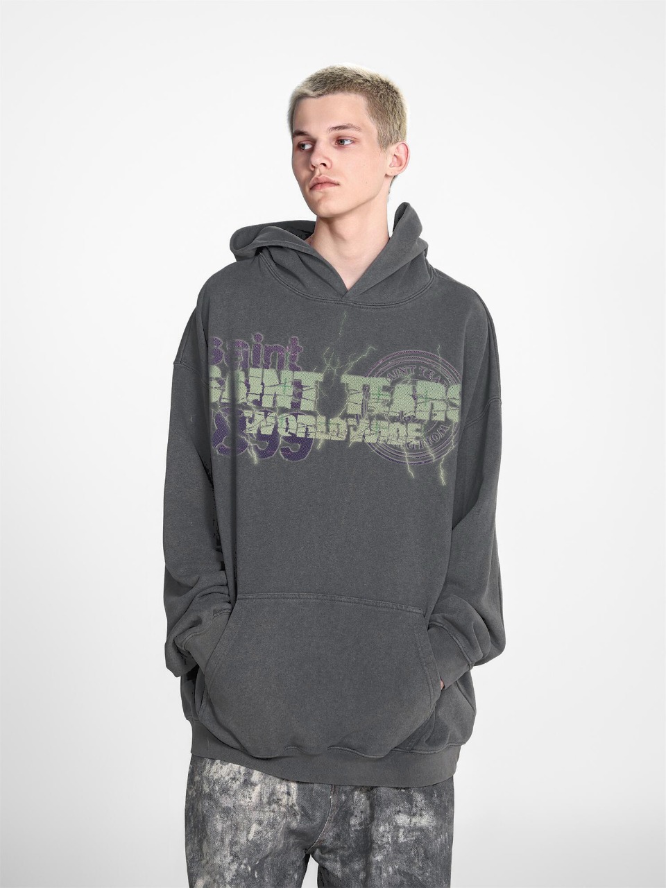 Saint Mich@el tears washed distressed salt-treated 400g heavy-weight vintage terry cloth hoodie in gray
