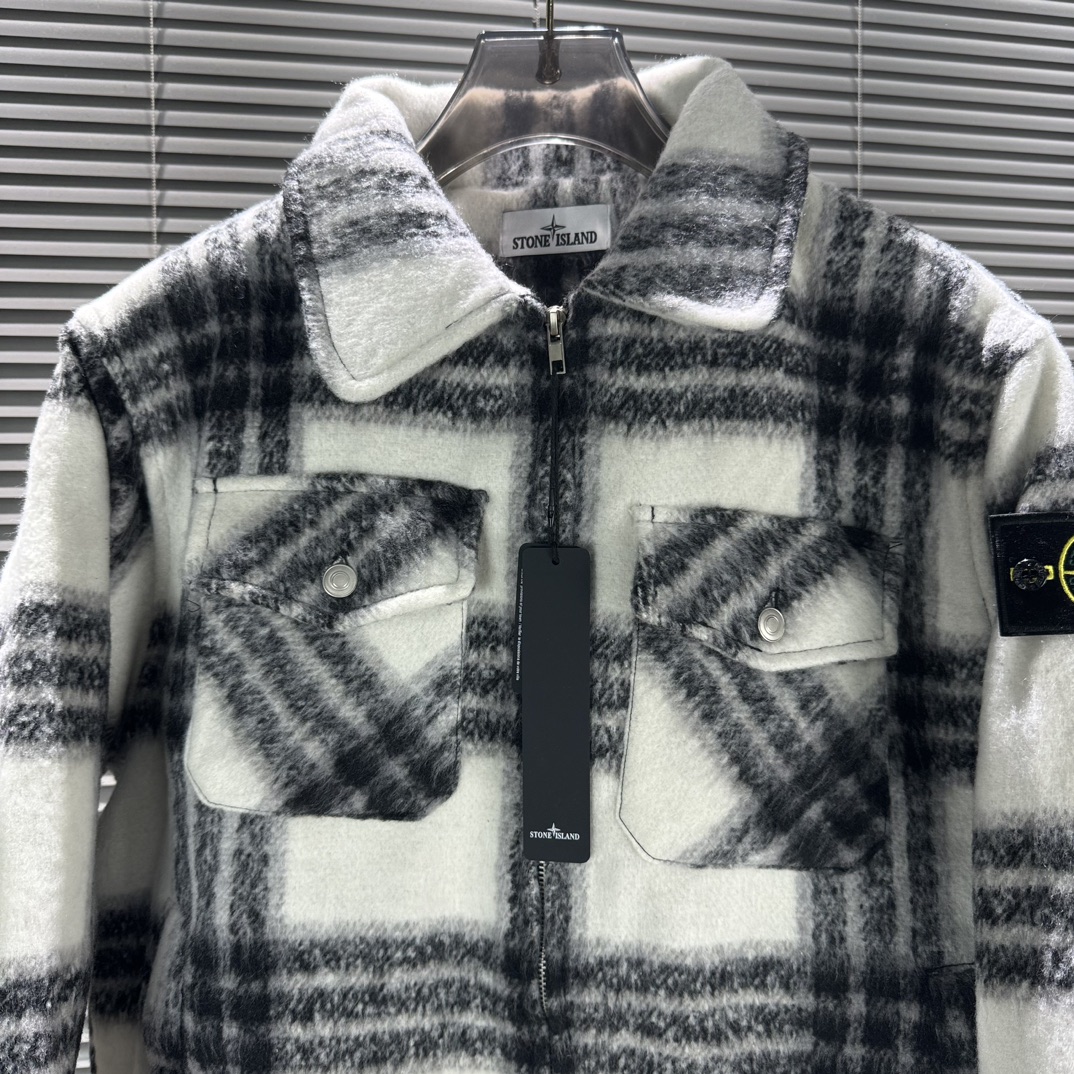 Stone 1sland Black and White Checkered Wool-cotton Padded Jacket