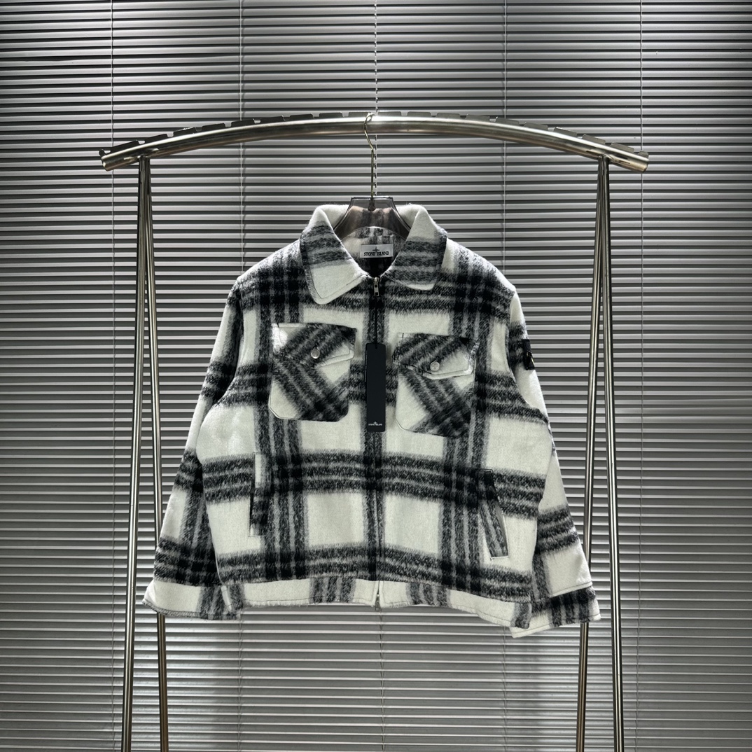Stone 1sland Black and White Checkered Wool-cotton Padded Jacket